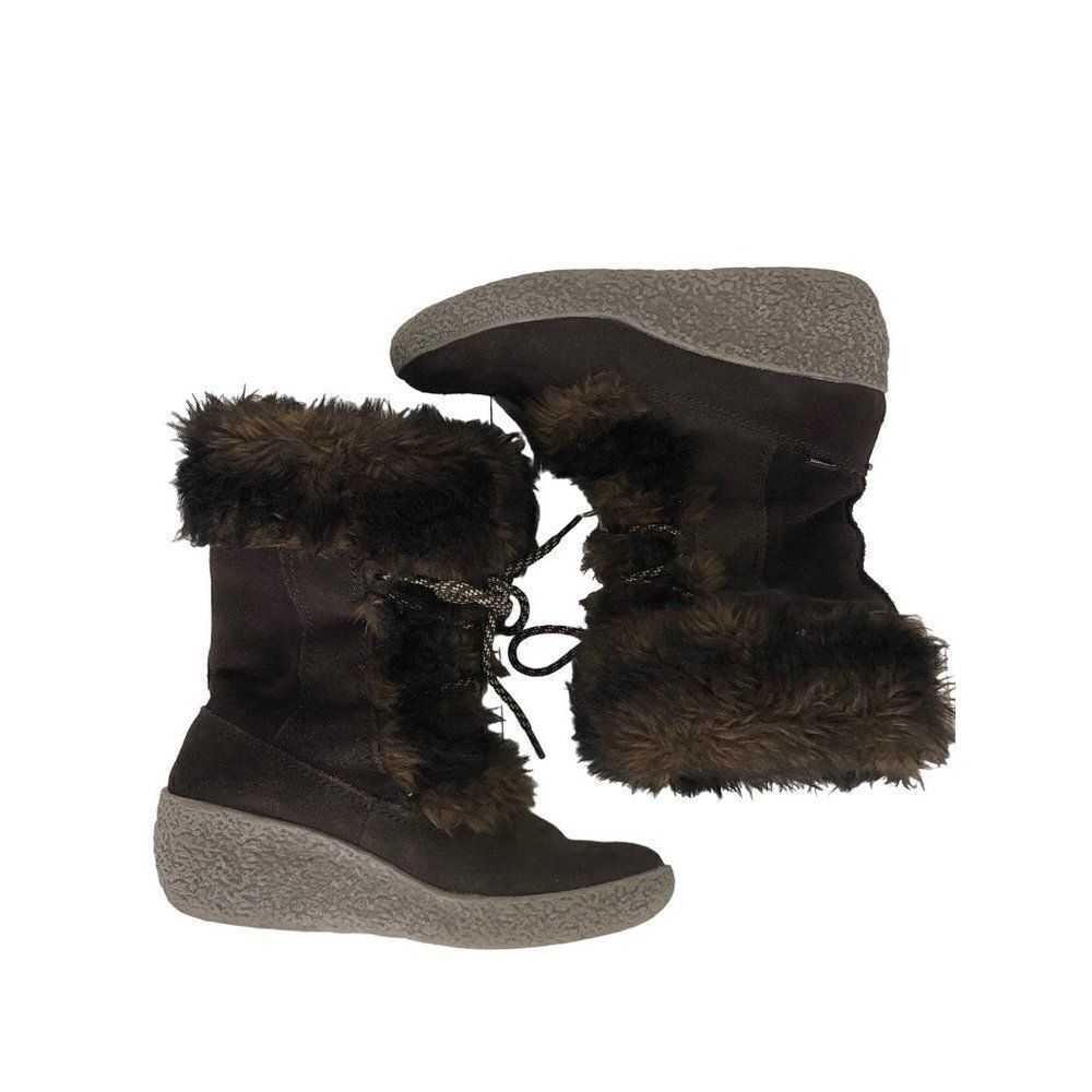 VTG Brilliant Winter Snow Boots Leather Fuax Fur Lining Wedge Womens Size 7M - Picture 2 of 6